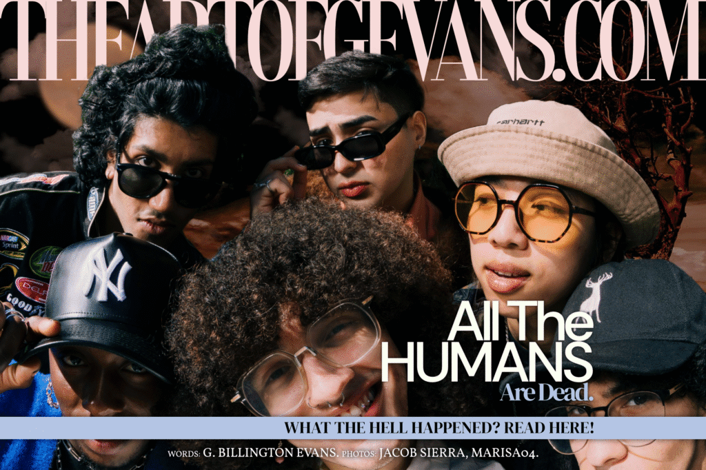 A gaggle of hipsters against the backdrop of the apocalyptic wasteland they've created.