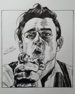 A pen drawing of singer Johnny Cash.
